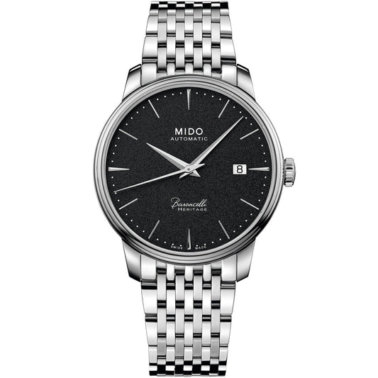 The MIDO Baroncelli Heritage Automatic 39mm Watch features a silver case, black textured dial with silver markers, date display at 3 o’clock, stainless steel bracelet, and "Baroncelli Heritage" above 6 o’clock—showcasing classic Swiss craftsmanship.