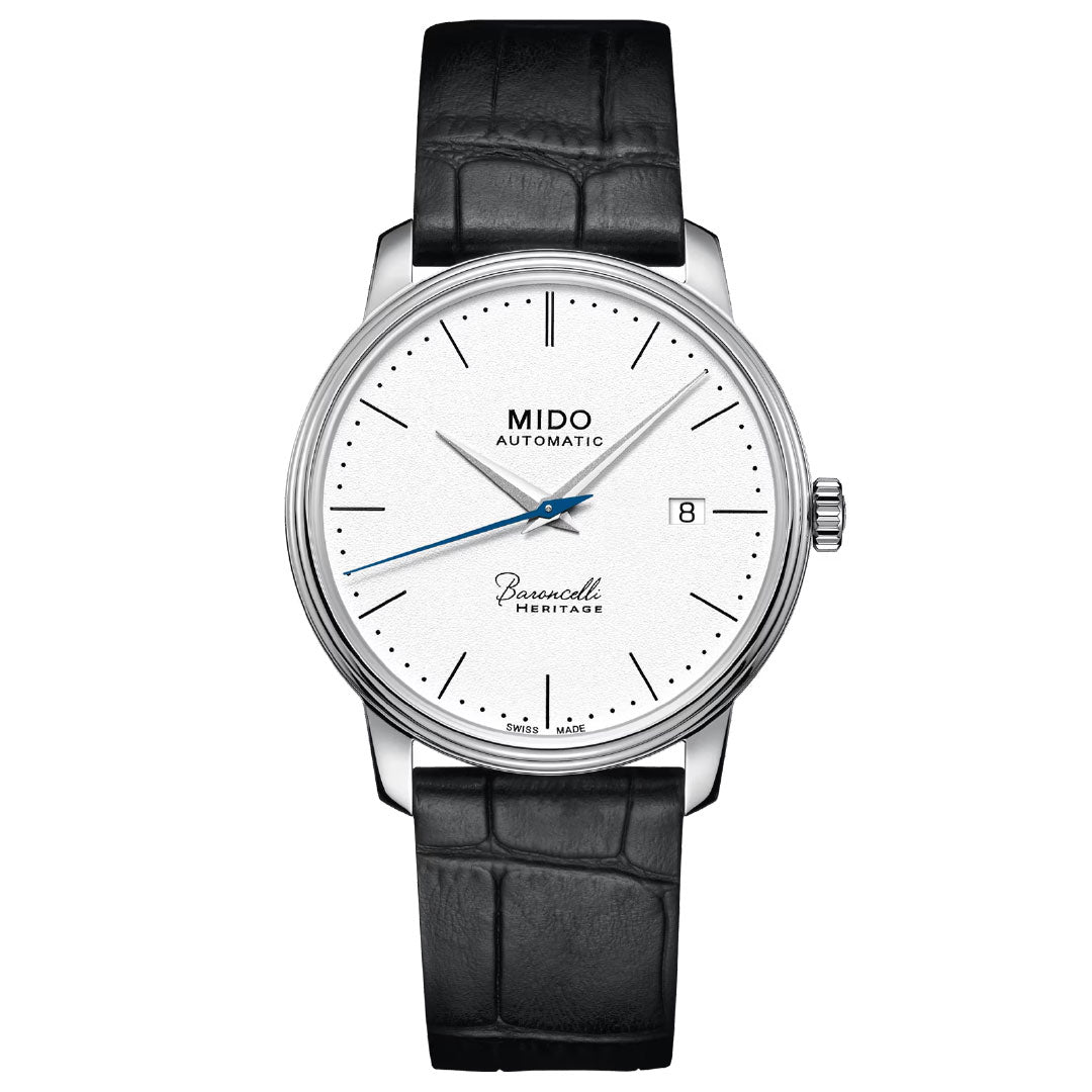 The MIDO Baroncelli III Heritage Gent Automatic 39mm watch features a silver case, white dial with black markers and hands, date window at 3 o'clock, and a black crocodile-pattern leather strap.