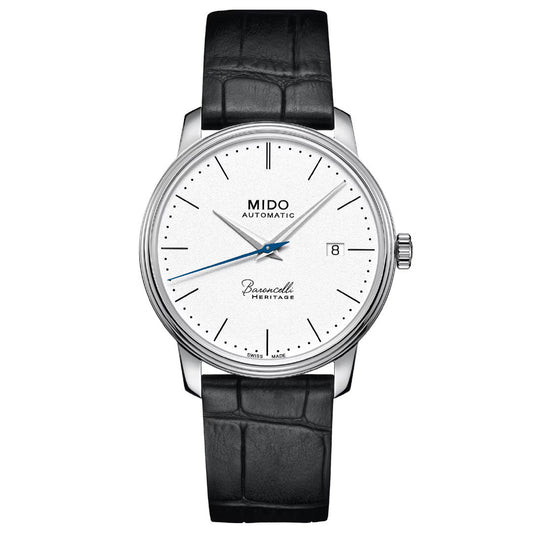 The MIDO Baroncelli III Heritage Gent Automatic 39mm watch features a silver case, white dial with black markers and hands, date window at 3 o'clock, and a black crocodile-pattern leather strap.