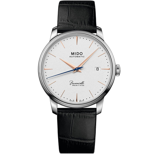 The MIDO Baroncelli Heritage Automatic 39mm watch features a silver case, white dial with rose gold markers, Swiss automatic movement, date window at 3 o’clock, black leather strap, and "Baroncelli Heritage" above 6 o'clock.
