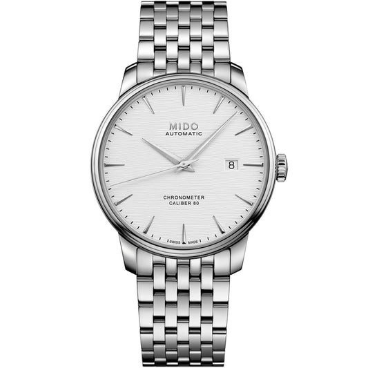 The MIDO Baroncelli III Chronometer Silicon Gent Automatic 40mm Watch features a stainless steel band, minimalist white dial, silver markers and hands, date at 3 o’clock, and "Chronometer Caliber 80" on the face.