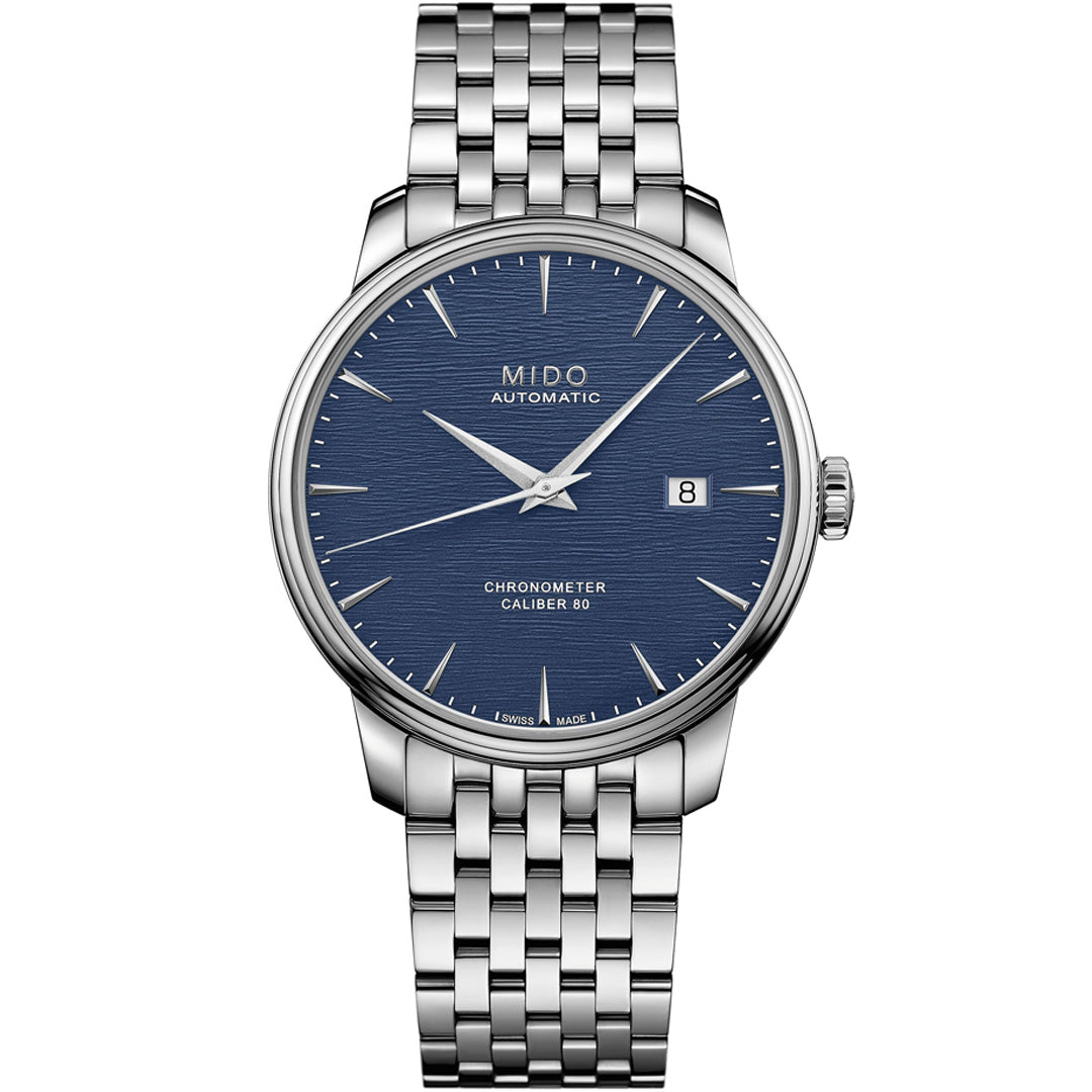 The MIDO Baroncelli III Chronometer Silicon Gent Automatic 40mm features a silver case, blue textured dial, silver markers and hands, date at 3 o’clock, chronometer face, metal bracelet, and precise Caliber 80 movement.