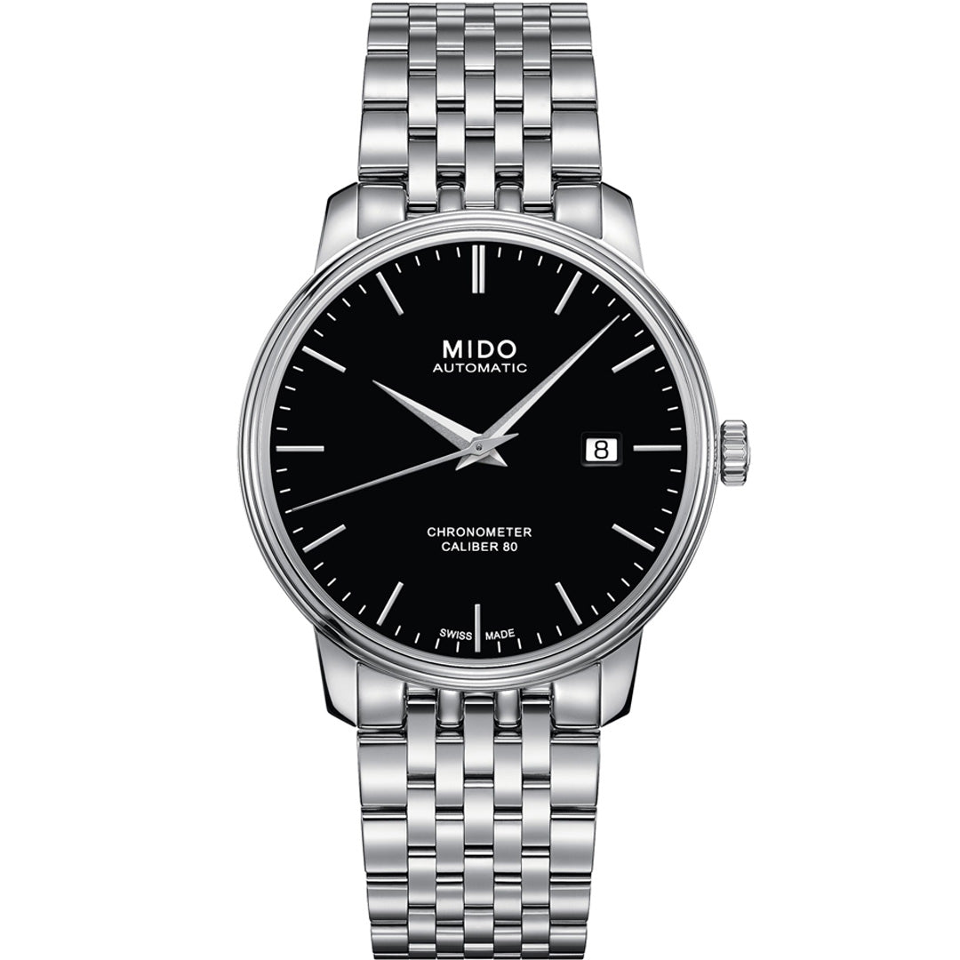 The MIDO Baroncelli III Chronometer Silicon Gent Automatic 40mm Watch features a stainless steel case, black analog dial with silver markers and hands, date at 3 o’clock, and metal link bracelet. The dial reads "MIDO Automatic" and "Baroncelli Caliber 80".