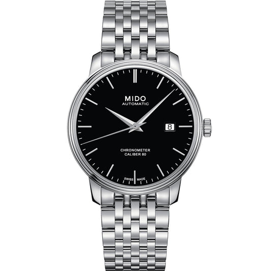 The MIDO Baroncelli III Chronometer Silicon Gent Automatic 40mm Watch features a stainless steel case, black analog dial with silver markers and hands, date at 3 o’clock, and metal link bracelet. The dial reads "MIDO Automatic" and "Baroncelli Caliber 80".