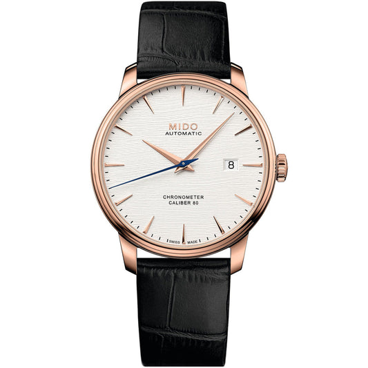 The MIDO Baroncelli III Chronometer Silicon Gent Automatic 40mm features a white textured dial, rose gold case, slim gold markers and hands, date at 3 o'clock, silicon balance-spring, and a black leather strap.