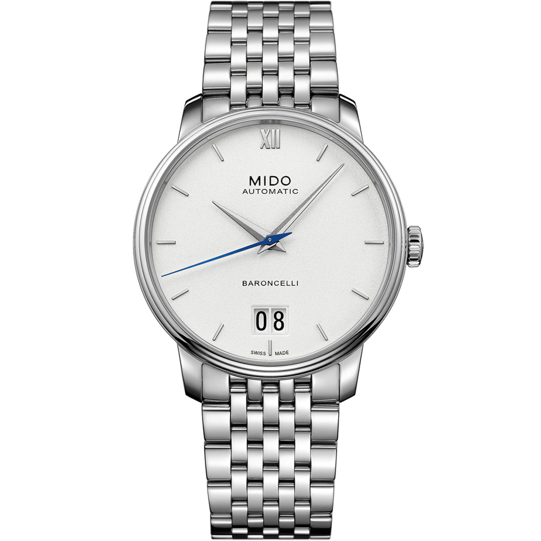 The MIDO Baroncelli III Big Date Automatic 40mm features a silver case, white dial with Roman numeral XII, blue second hand, date at 6 o’clock, Caliber 80 movement, and a linked metal bracelet.