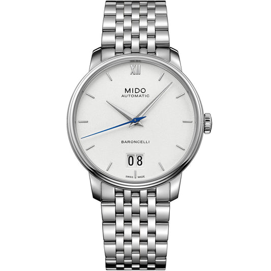 The MIDO Baroncelli III Big Date Automatic 40mm features a silver case, white dial with Roman numeral XII, blue second hand, date at 6 o’clock, Caliber 80 movement, and a linked metal bracelet.