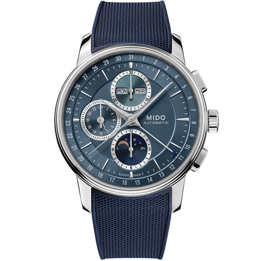 The MIDO Baroncelli Chronograph Moonphase Automatic 42mm Watch features a blue textured strap and dial, chronograph moonphase subdials for day/month, a date ring on the outer edge, and silver hour markers and hands.
