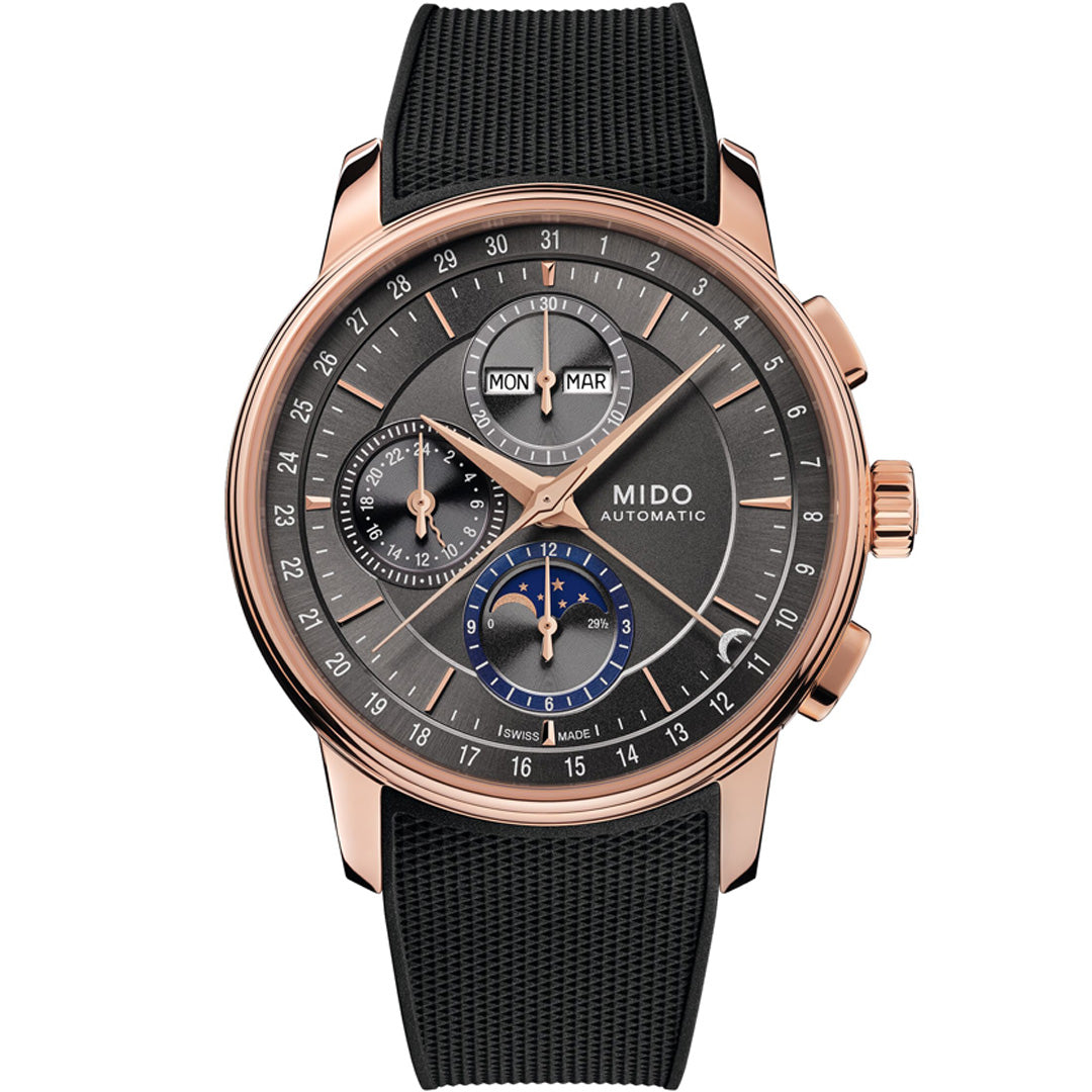 The MIDO Baroncelli Chronograph Moonphase Automatic 42mm Watch features a rose gold case, gray dial, black textured strap, multiple subdials, day and month windows, and gold hour markers.