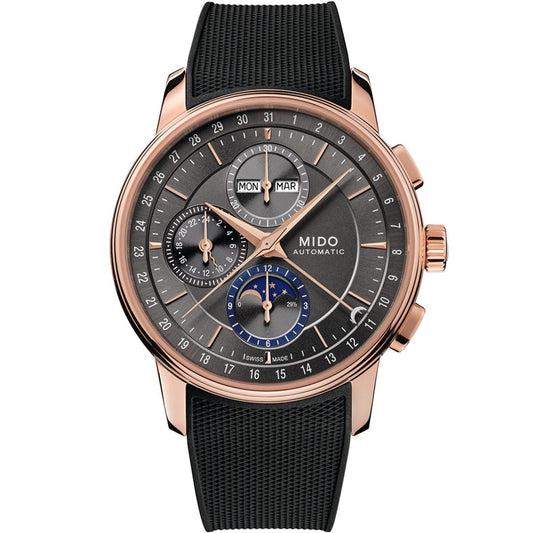 The MIDO Baroncelli Chronograph Moonphase Automatic 42mm Watch features a rose gold case, gray dial, black textured strap, multiple subdials, day and month windows, and gold hour markers.