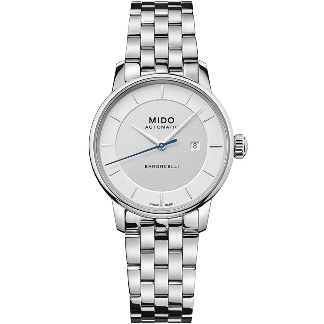 The MIDO Baroncelli II Signature Lady Automatic 30mm watch features a white dial with silver markers, date window at 3 o’clock, automatic movement, and a polished metal link bracelet.