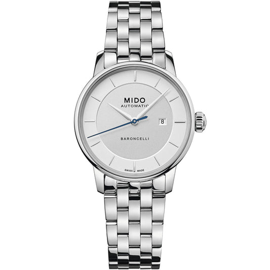 The MIDO Baroncelli II Signature Lady Automatic 30mm watch features a white dial with silver markers, date window at 3 o’clock, automatic movement, and a polished metal link bracelet.