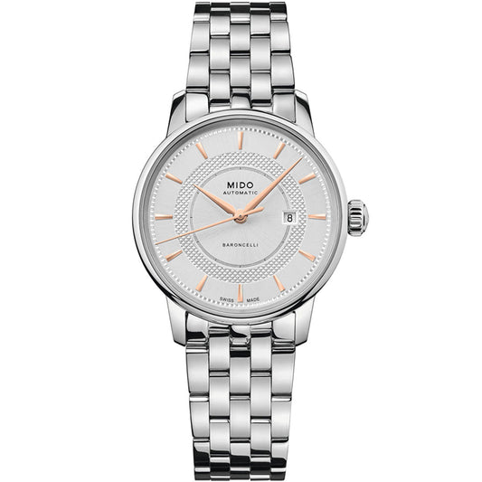 The MIDO Baroncelli II Signature Lady Automatic 30mm Watch features a silver metal link band, white textured dial, rose gold-tone hands and markers, Nivachron balance spring, and a date display at 3 o'clock.