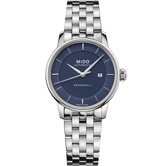 The MIDO Baroncelli II Signature Lady Automatic 30mm Watch features a silver metal link bracelet, blue round dial with silver markers, automatic movement, and a date display at 3 o’clock.