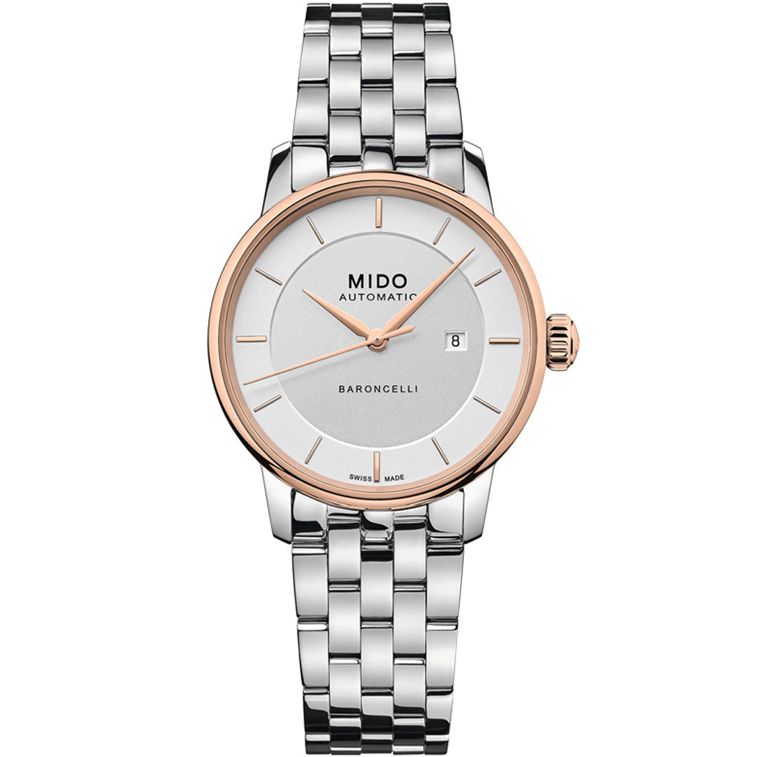 The MIDO Baroncelli II Signature Lady Automatic 30mm Watch features a white dial, gold bezel and crown, silver link bracelet, gold hour markers and hands, a date window at 3 o’clock, and an automatic movement for accuracy.