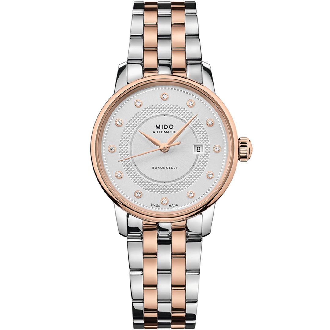 The MIDO Baroncelli II Signature Lady Automatic 30mm Watch features a silver and rose gold two-tone band, round silver dial with crystal markers, date window at 3 o’clock, and precise Nivachron balance-spring for lasting elegance.