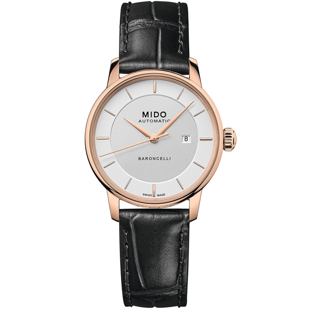 The MIDO Baroncelli II Signature Lady Automatic 30mm Watch features an automatic movement, white dial, rose gold case, black leather strap, minimalist hour markers, date at 3 o’clock, and "MIDO" branding at the top.
