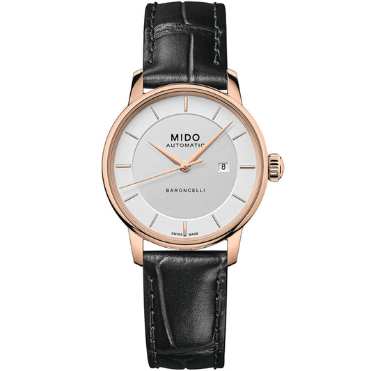 The MIDO Baroncelli II Signature Lady Automatic 30mm Watch features an automatic movement, white dial, rose gold case, black leather strap, minimalist hour markers, date at 3 o’clock, and "MIDO" branding at the top.