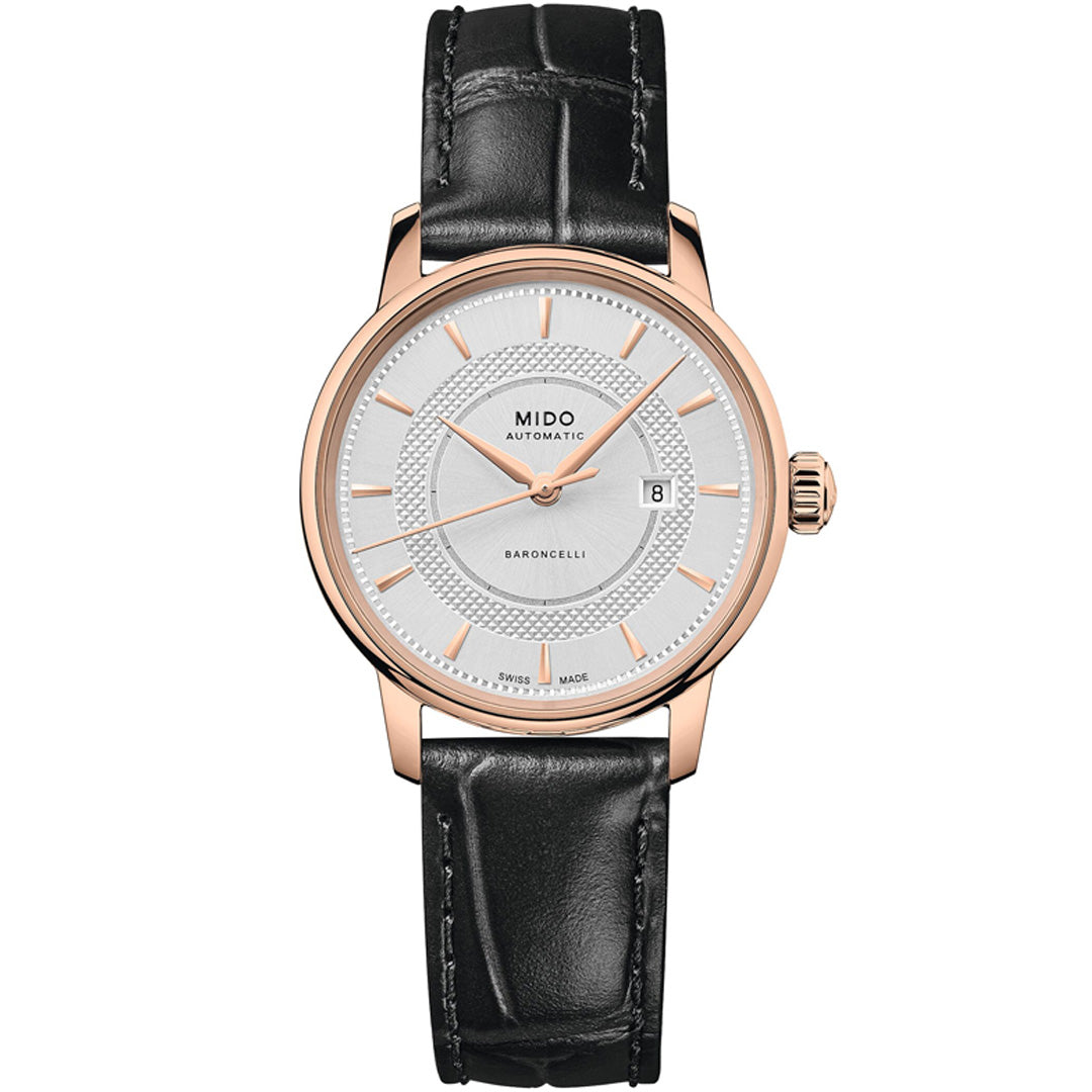 The MIDO Baroncelli II Signature Lady Automatic 30mm watch features a white dial, rose gold case, black leather strap, gold hour markers, Nivachron balance-spring, and a date window at 3 o’clock.