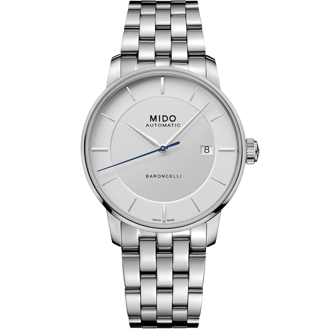 The MIDO Baroncelli II Signature Gent Automatic 39mm watch features a silver stainless steel bracelet, white dial, silver hour markers, date at 3 o’clock, slim blue second hand, and automatic movement.