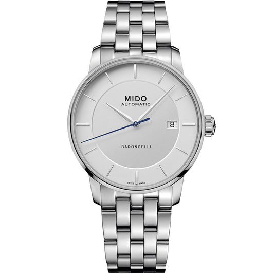 The MIDO Baroncelli II Signature Gent Automatic 39mm watch features a silver stainless steel bracelet, white dial, silver hour markers, date at 3 o’clock, slim blue second hand, and automatic movement.