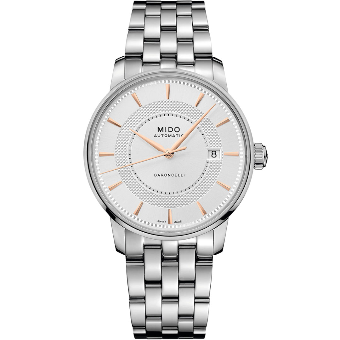 The MIDO Baroncelli II Signature Gent Automatic 39mm Watch features a silver stainless steel band, white textured dial, rose gold hour markers and hands, Nivachron balance-spring, and a date window at 3 o’clock.