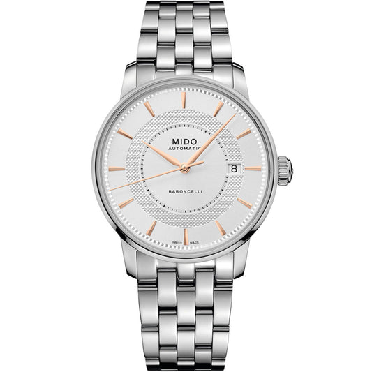 The MIDO Baroncelli II Signature Gent Automatic 39mm Watch features a silver stainless steel band, white textured dial, rose gold hour markers and hands, Nivachron balance-spring, and a date window at 3 o’clock.