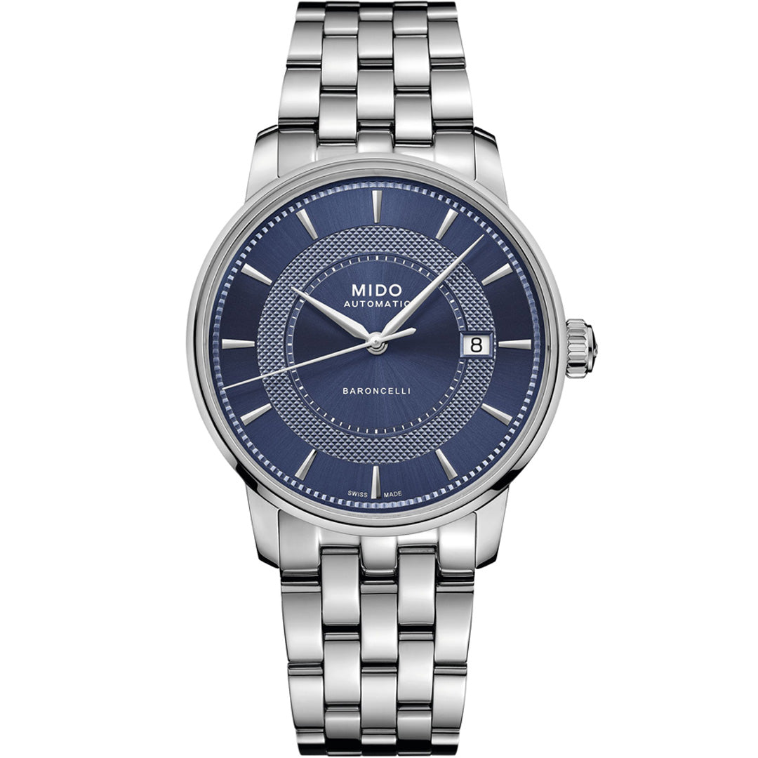 The MIDO Baroncelli II Signature Gent Automatic 39mm watch features a stainless steel case, blue dial, silver hour markers, a date window at 3 o'clock, Nivachron balance-spring for precision, and a classic link bracelet.