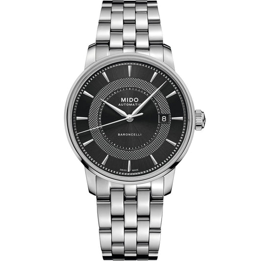 The MIDO Baroncelli II Signature Gent Automatic 39mm Watch features a silver metal bracelet, black dial, silver hour markers, and a date window at 3 o'clock.
