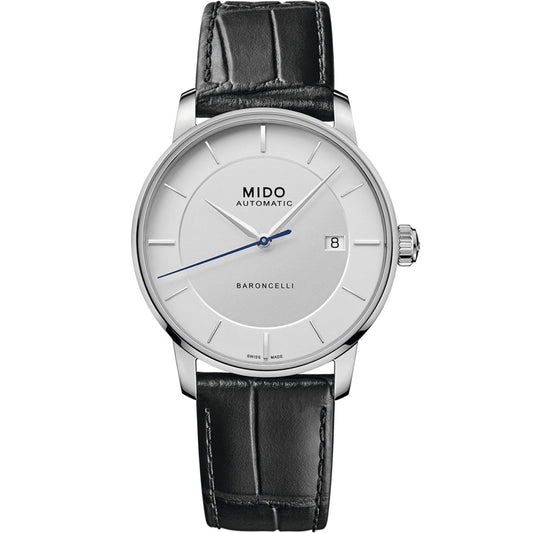 The MIDO Baroncelli II Signature Gent Automatic 39mm Watch features a white dial, minimalist silver markers, blue second hand, date at 3 o’clock, automatic movement, and a black leather strap.