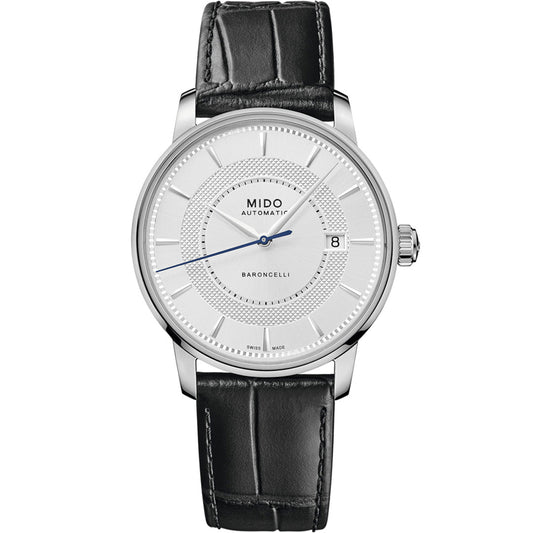 The MIDO Baroncelli II Signature Gent Automatic 39mm Watch features a silver case, white textured dial, blue second hand, Nivachron balance-spring, date at 3 o’clock, and a black leather strap.