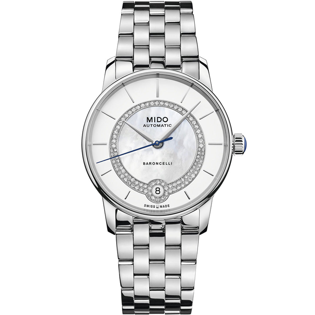 The MIDO Baroncelli II Lady Necklace Automatic 33mm watch features a silver metal link band, white dial with crystal-studded inner circle, Calibre 80 movement, blue second hand, and date window at 6 o’clock.