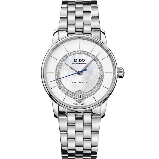 The MIDO Baroncelli II Lady Necklace Automatic 33mm watch features a silver metal link band, white dial with crystal-studded inner circle, Calibre 80 movement, blue second hand, and date window at 6 o’clock.