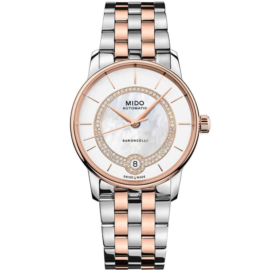 The MIDO Baroncelli II Lady Necklace Automatic 33mm Watch features a silver and rose gold metal band, white mother-of-pearl dial with rose gold accents and diamond details, Calibre 80 movement, and date window at 6 o'clock.