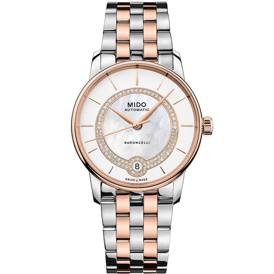 The MIDO Baroncelli II Lady Necklace Automatic 33mm Watch features a silver and rose gold metal band, white mother-of-pearl dial with rose gold accents and diamond details, Calibre 80 movement, and date window at 6 o'clock.