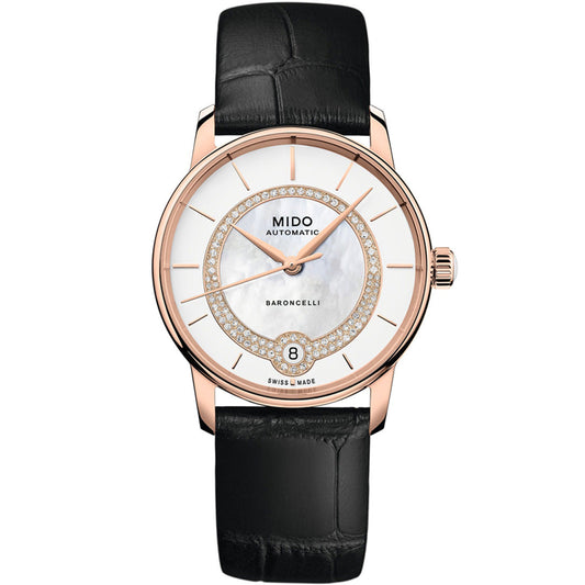 The MIDO Baroncelli II Lady Necklace Automatic 33mm watch features a white dial, diamond-accented bezel, gold-tone case, Calibre 80 movement, date at 6 o'clock, and black leather strap.