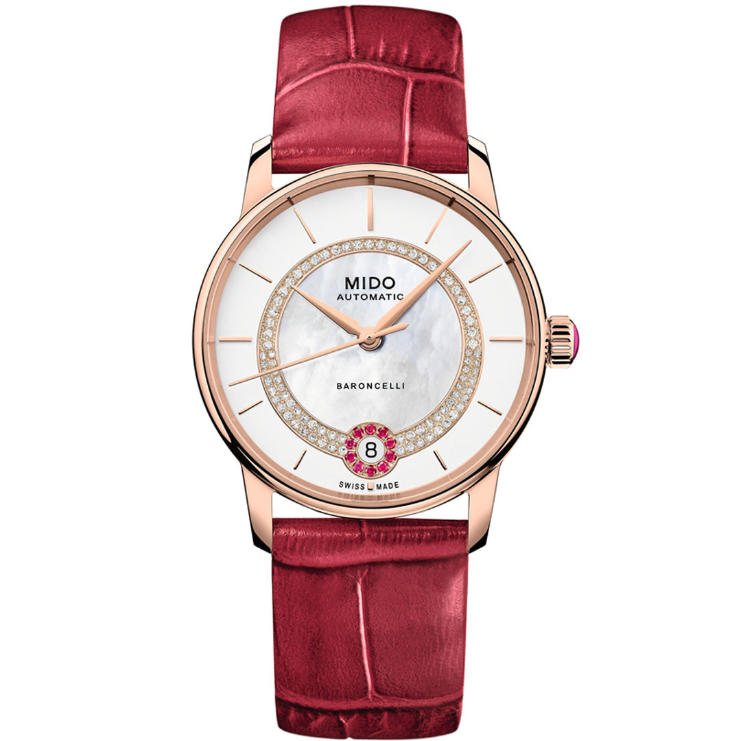The MIDO Baroncelli II Lady Necklace Automatic 33mm Watch features a white mother-of-pearl dial, rose gold case, diamond hour markers, Calibre 80 movement, date at 6 o'clock, and a red crocodile-textured leather strap.