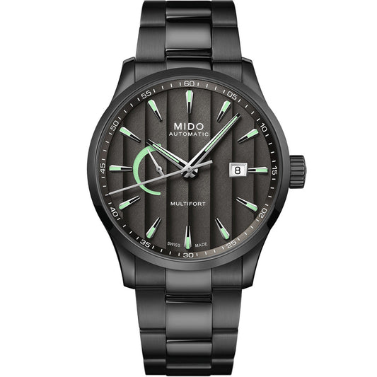 The MIDO Multifort Power Reserve Automatic 42mm Watch features a black round dial with green accents, vertical stripes, bold MIDO branding, Caliber 80 movement, date at 3 o’clock, and a dark metal link bracelet—a sleek sporty choice.