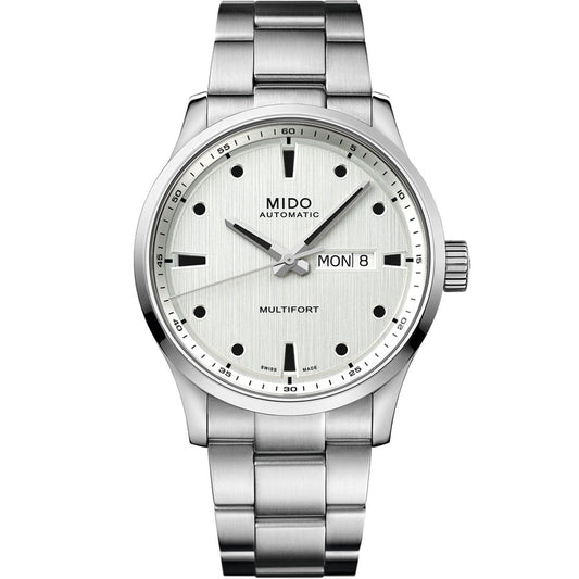 The MIDO Multifort M Automatic 42mm Watch features a silver metal band, white dial, black hour markers, and day-date display set to Monday 8. Powered by the Caliber 80 movement, it showcases three hands and a minimalist design.