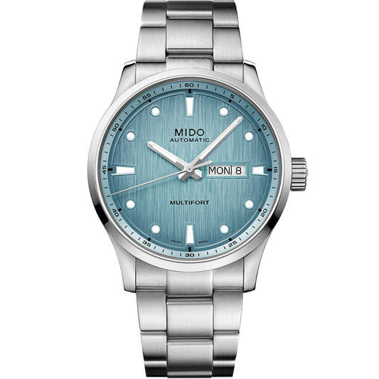 The MIDO Multifort M (Freeze) Automatic 42mm Watch features a blue textured dial, silver hour markers and hands, Caliber 80 movement, day-date display at 3 o'clock, and a metal link bracelet.