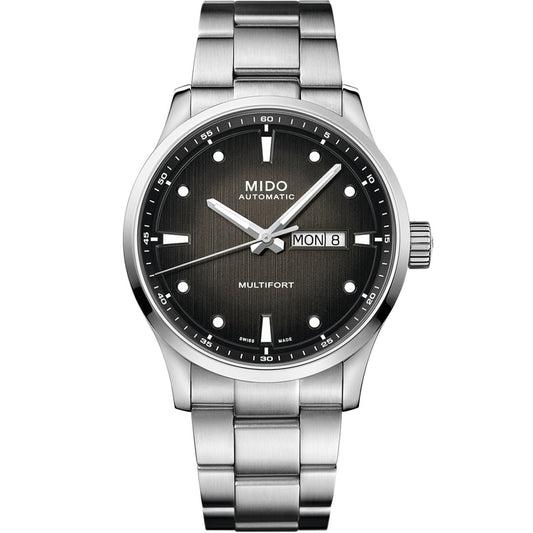 The MIDO Multifort M Automatic 42mm Watch features a silver design with Caliber 80 movement, black gradient dial, silver markers and hands, day-date display at 3 o’clock, and a stainless steel bracelet.