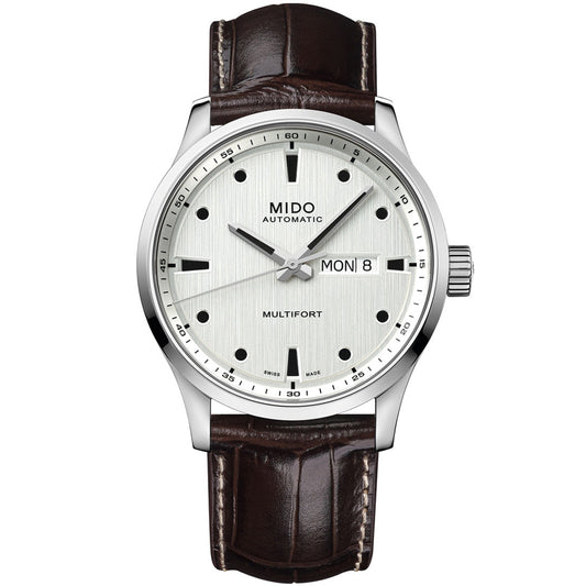 The MIDO Multifort M Automatic 42mm Watch features a silver-toned case and hands, white dial with black markers, day/date display, Caliber 80 movement, and a brown leather strap.