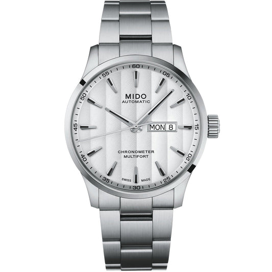 The MIDO Multifort Chronometer 1 Automatic 42mm Watch features a stainless steel band, silver dial with silver markers, Caliber 80 automatic movement with silicon tech, day-date display, and "MIDO AUTOMATIC CHRONOMETER MULTIFORT" on the face.