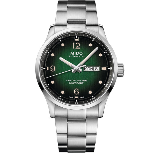 The MIDO Multifort M Chronometer Automatic 42mm Watch features a stainless steel case, green dial with silver hour markers, Caliber 80 movement, day/date at 3 o’clock, COSC certification, and a metal bracelet.