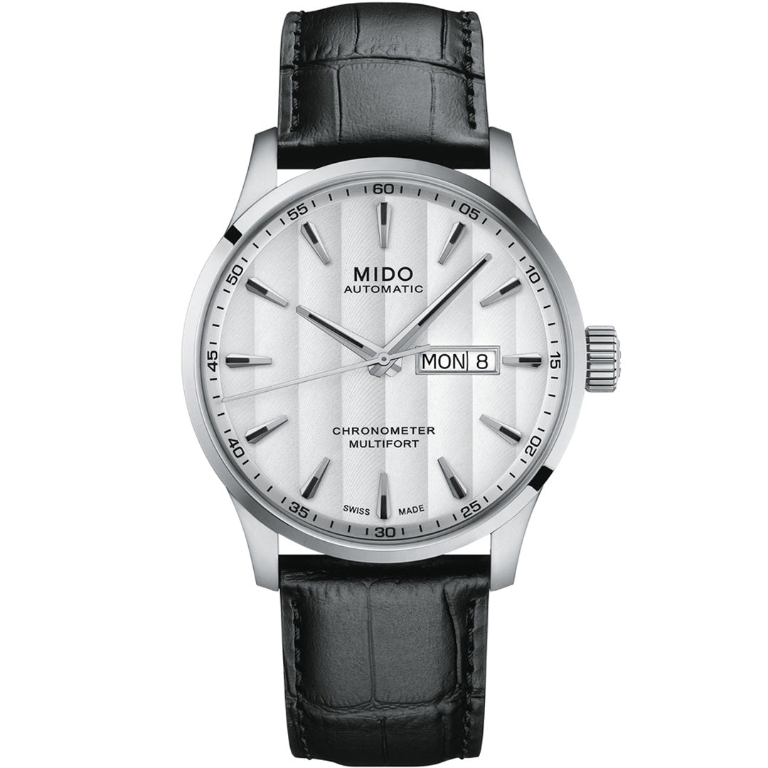 The MIDO Multifort Chronometer 1 Automatic 42mm Watch features a silver case, white dial with Geneva Stripes, black hour markers, day/date display, and a black leather strap.