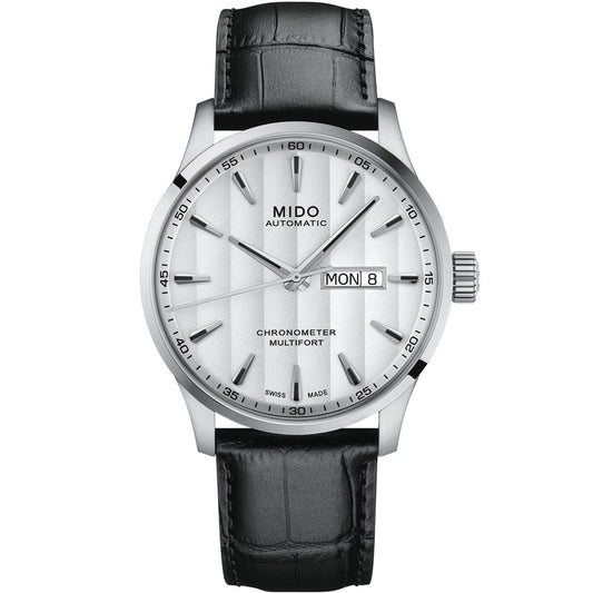 The MIDO Multifort Chronometer 1 Automatic 42mm Watch features a silver case, white dial with Geneva Stripes, black hour markers, day/date display, and a black leather strap.