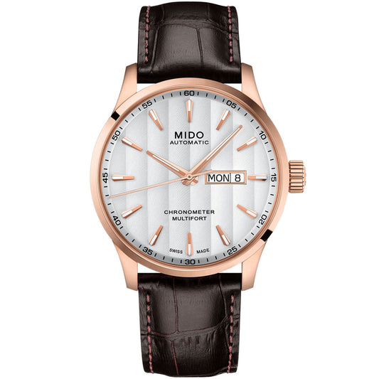 The MIDO Multifort Chronometer 1 Automatic 42mm Watch features a white dial, rose gold case, gold markers and hands, day/date display, and a dark brown leather strap with advanced silicon technology.