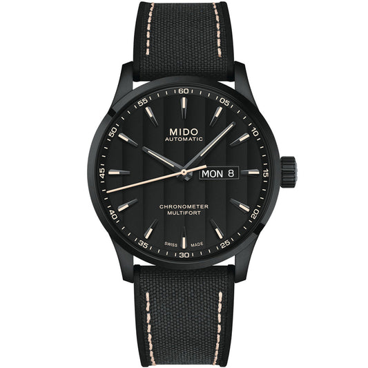 The MIDO Multifort Chronometer 1 Automatic 42mm Watch features a black dial, black fabric strap, silver hands and indices, and a day-date window displaying "Mon 8" on the right.