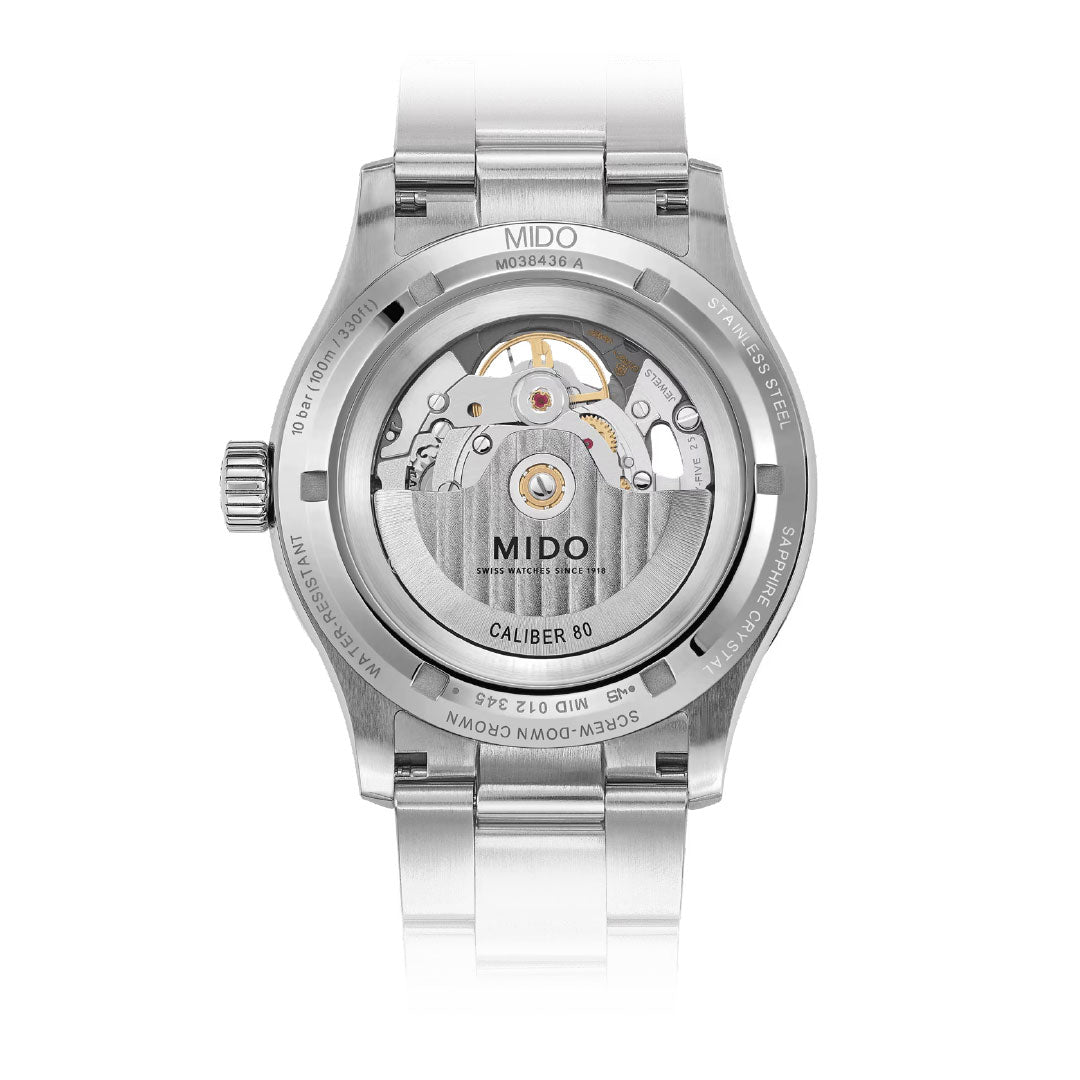 Back view of the MIDO Multifort Skeleton Vertigo Automatic 42mm Watch, featuring a transparent case back that reveals the Caliber 80 automatic movement and intricate mechanics, with its stainless steel bracelet visible.