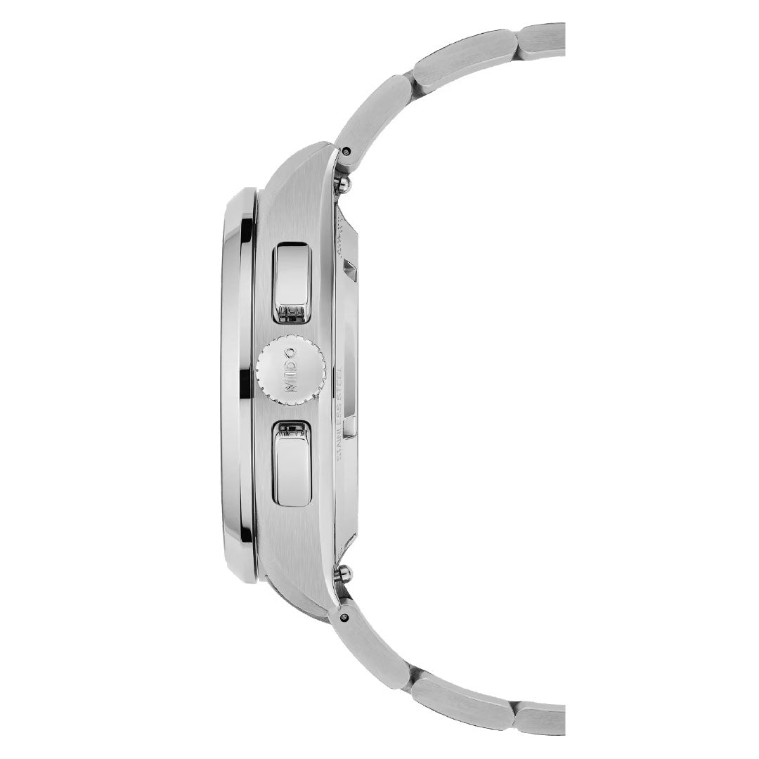 Side view of the silver MIDO Multifort Skeleton Chronograph Automatic 43mm Watch with metal band, displaying the crown, two push buttons, and case thickness against a white background.